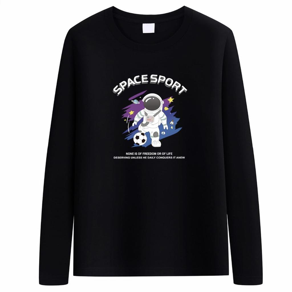 Buzz Selection TSL055 Long Sleeve T-Shirt with Space Suit Soccer Logo Print for Men and Women (Black, XL)