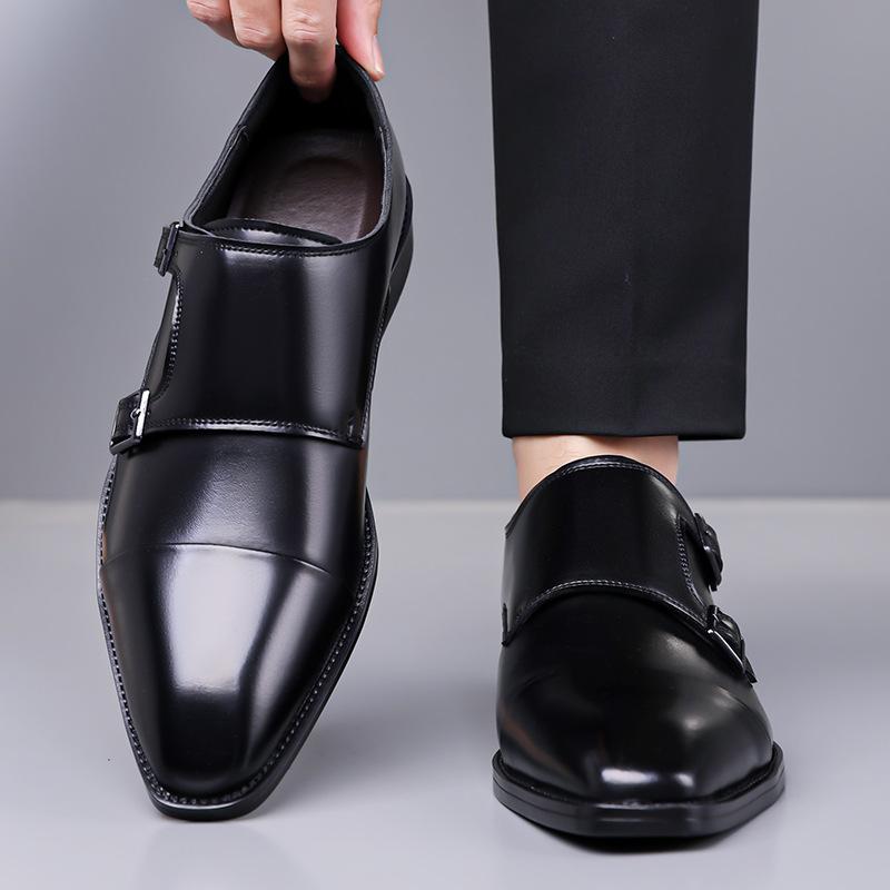 Britain Gentleman Retro Men Pointed Monk Strap Loafter Patchwork Flats Leather Shoes Casual Loafers Formal Dress Footwear