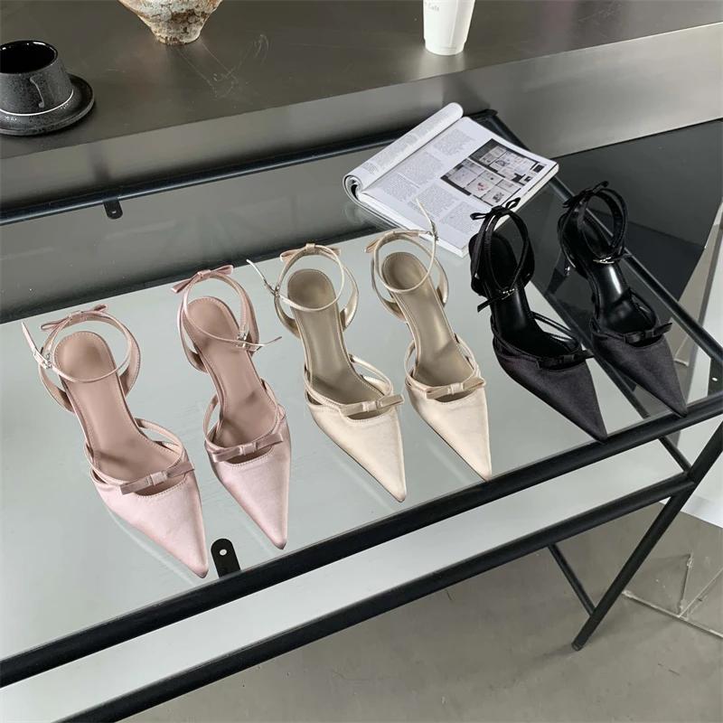 2025 New Design Ankle Buckle Strap Women Pumps Sandals Thin Heels Pointed Toe Shallow Slingback Mules Tacones Mujer