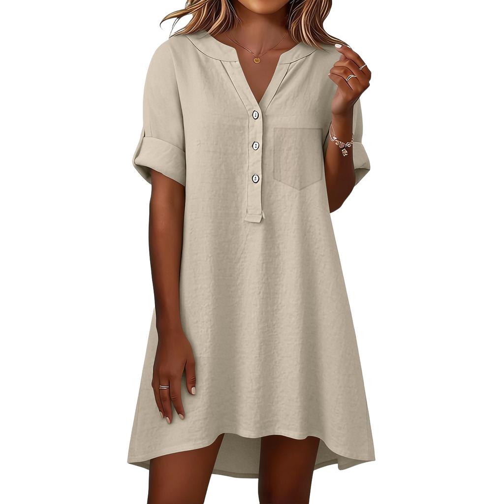 Linen Dress For Women Short Sleeve V Neck Button Down Sundress Spring Summer Loose Fit Vacation Cotton Tunic