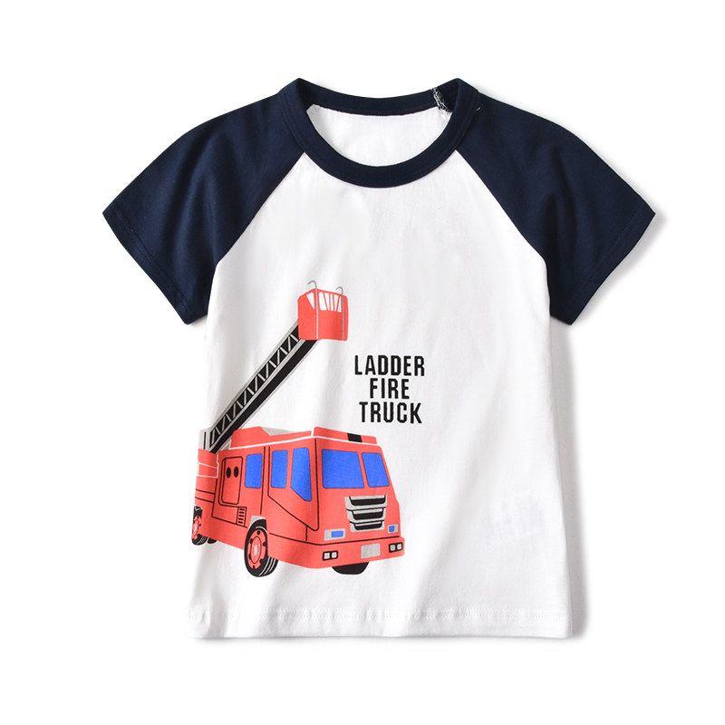Japanese-Style Half-Sleeve round Neck Sweat-Absorbent Breathable T-shirt Navy Sleeve Fire Truck Short Sleeve 120