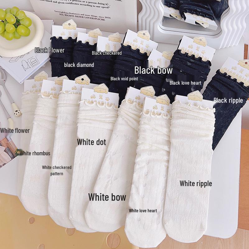 

Yu You Women s Lace Stockings: Summer Thin Japanese-Style White Mid-Calf Ruffle Socks for Pairing with Mary Jane Shoes White Diamond