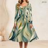 Women Plus Size Square Neck Long Sleeve Blue Green Leaf Printed Tie Waist A Line Flared Dress