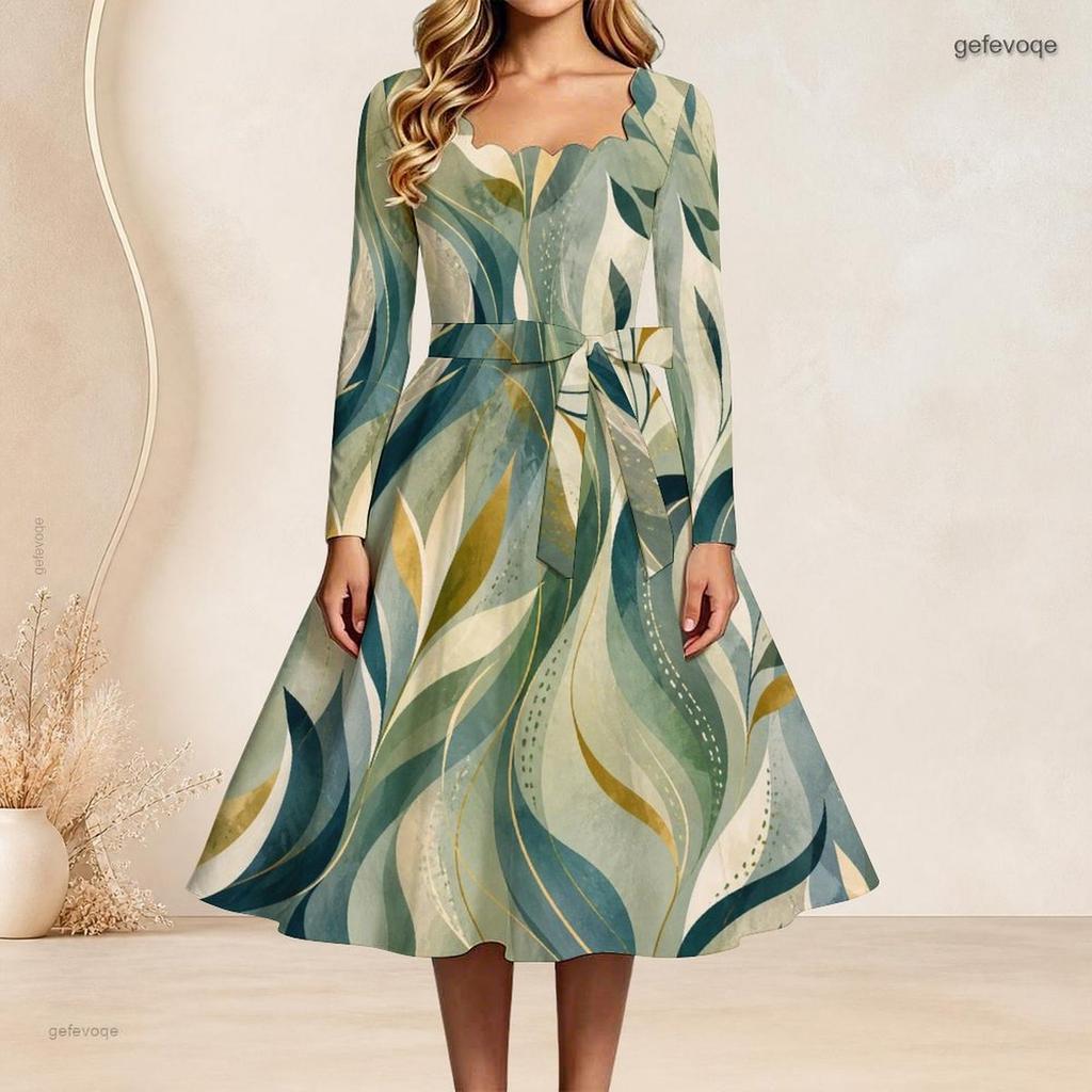 Women Plus Size Square Neck Long Sleeve Blue Green Leaf Printed Tie Waist A Line Flared Dress