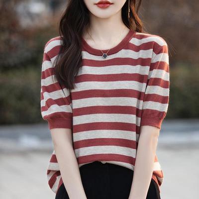 Damen Strick-T-Shirt Sommer-Strickshirt Gestreiftes Kurzarm-T-Shirt O-Ausschnitt Pullover Strickoberteile