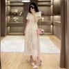 Elegantes V-Ausschnitt Blasenärmel Stickerei Langes Kleid Damen Perlenknopf Hohe Taille Temperament Sommerkleid Damen
