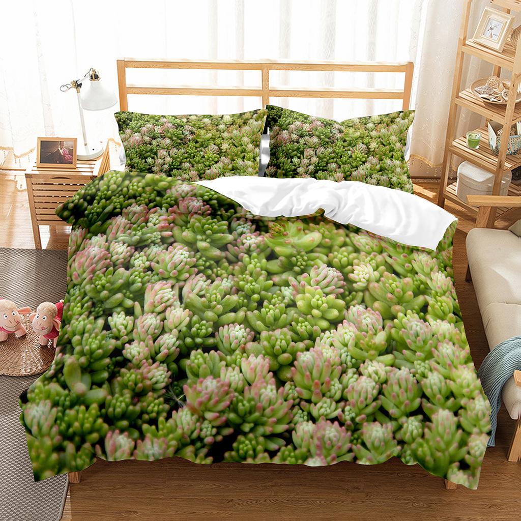 Succulent Plants Green Plant Duvet Cover Set Polyester Comforter Cover King Queen Full Size Bedding Set with Pillowcase for Teen