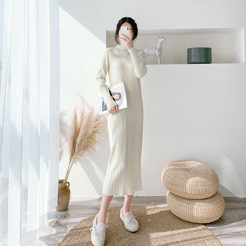 Plus-Size Women's Thickened Winter Long Knitted Wool Dress with Half-High Collar
