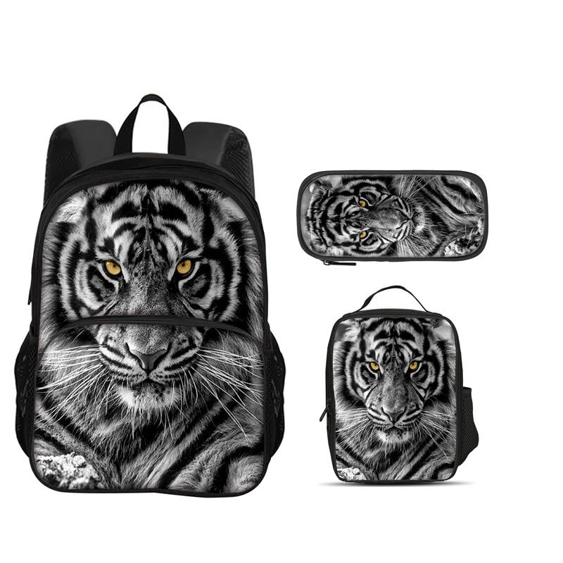 Tijger ronde voorzak, rugzak, etui, koelelement, 3-delige set, dierenprint, beste cadeau voor schoolverjaardagen van jongens en meisjes