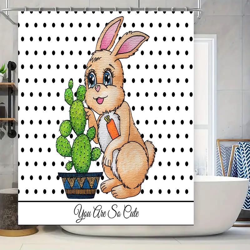 

Adorable Bunny Cactus Shower Curtain Decorative Bathroom Decor White Polka Dot Print With Cute Rabbit Holding A Plant In Pot For W60H190(CM)-1 Pcs