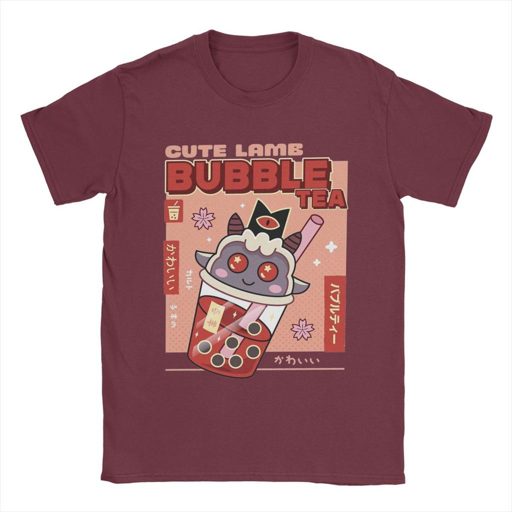 Casual Cute Lamb Bubble Tea Cult Of The Lamb T-Shirt Men O Neck 100% Cotton T Shirt Game Anime Tees Printing Clothes