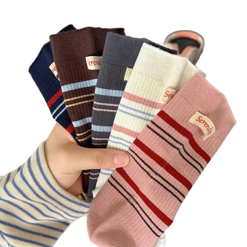 Female Autumn New Style Casual All Match Color Stripe Cloth Mark Sports Tube Stack Socks
