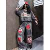 2026 Womens American Street Style Vintage Denim Set Loose Letter Print Sweatshirt Wide Leg Pants Two Piece