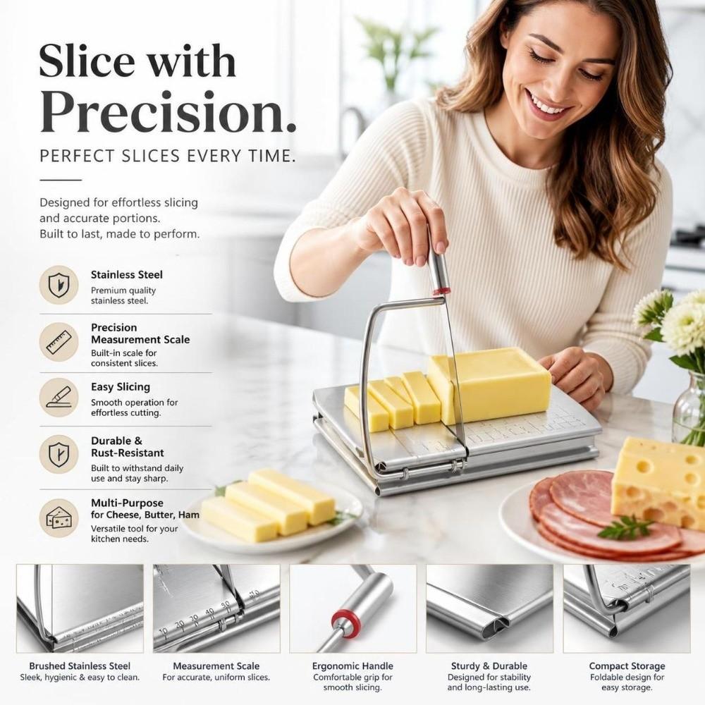 Stainless Steel Butter Cheese Slicer with Scale Effortless Wire Cheese Cutter Board Adjustable Kitchen Gadget
