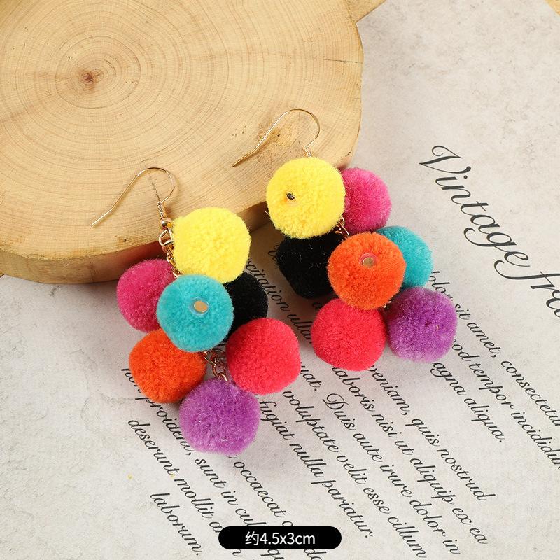 Pompom Earrings Women's Long Personalized Colored Hairball Stud Earrings Vintage Bohemian Vacation Fringed Earrings