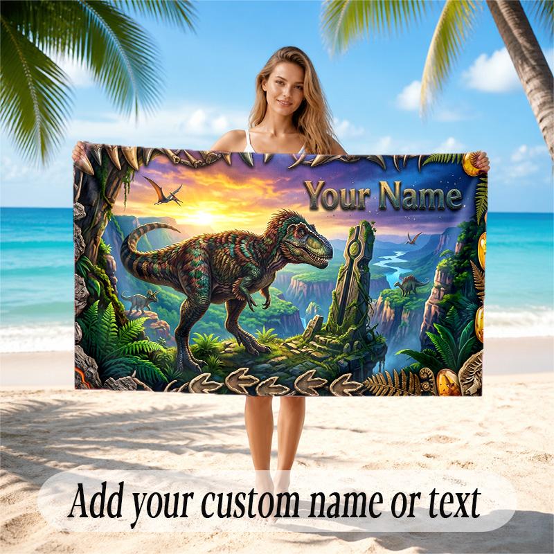 Dinosaur Theme Quick Dry Beach Towel Custom Name Text Print Large Sand Resistant Towel Beach Vacation