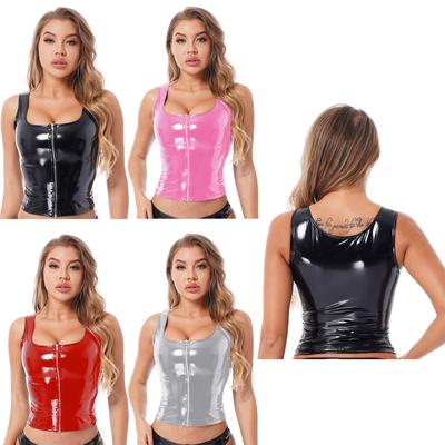 Modisches Damen-Tanktop aus Lackleder mit Reißverschluss, Wet-Look, Clubwear, Festival-Kleidung, Pole-Dance-Rave-Outfit