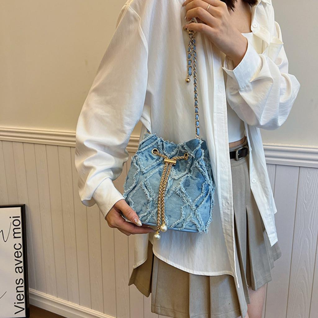 Ling Grid Řetízková Kbelíková Taška, Jednoduchá Crossbody Taška, Dámská Módní Ramenní Taška se Stahovací Šňůrkou a Střapcem