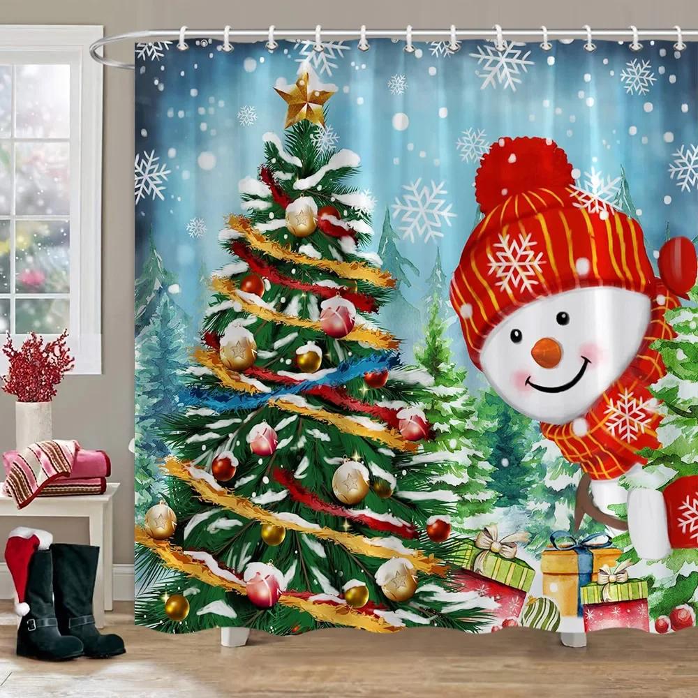 

Merry Christmas Bathroom Curtains Snowman Christmas Tree Gift Red Truck Polyester Fabric Washable Shower Curtain Bathroom Decor 90x180cm35x71in