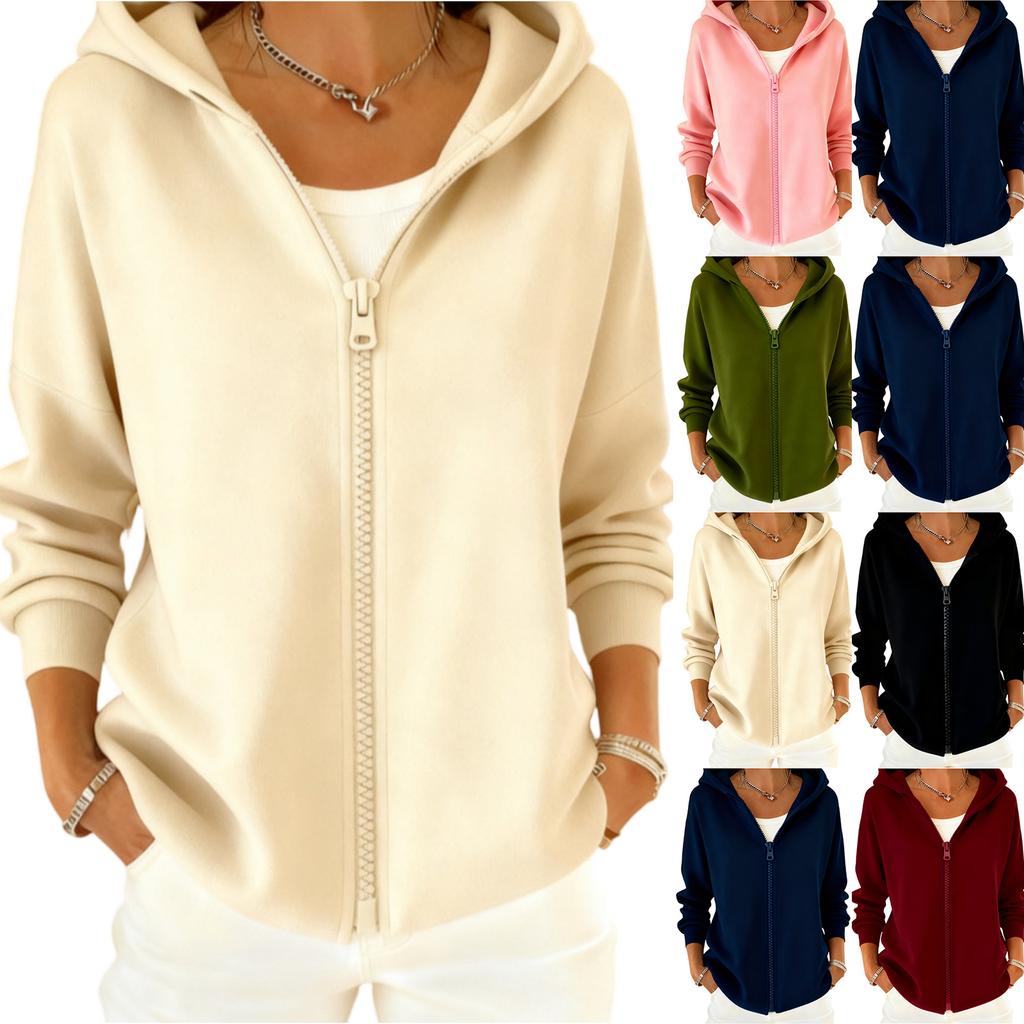 Fashionable Women's Loose Casual Solid Color Hooded Zippered Long Sleeve Jacket