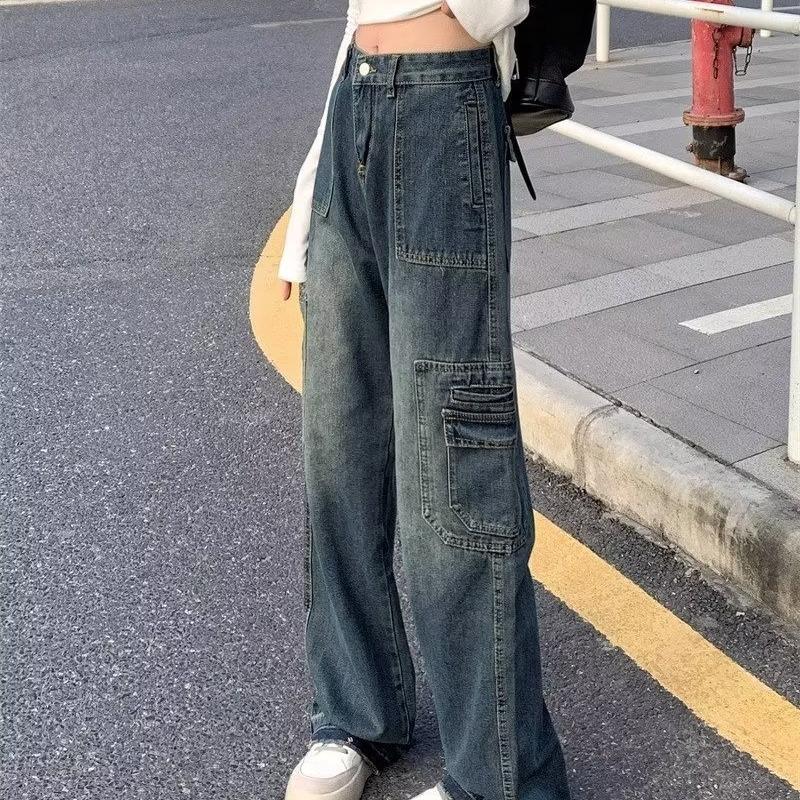 Damen Retro Jeanshose mit weitem Bein Y2K Kleidung Streetwear Vintage Cargo Jeans 90er Jahre Harajuku Hip Hop Punk Grunge Hose Übergröße