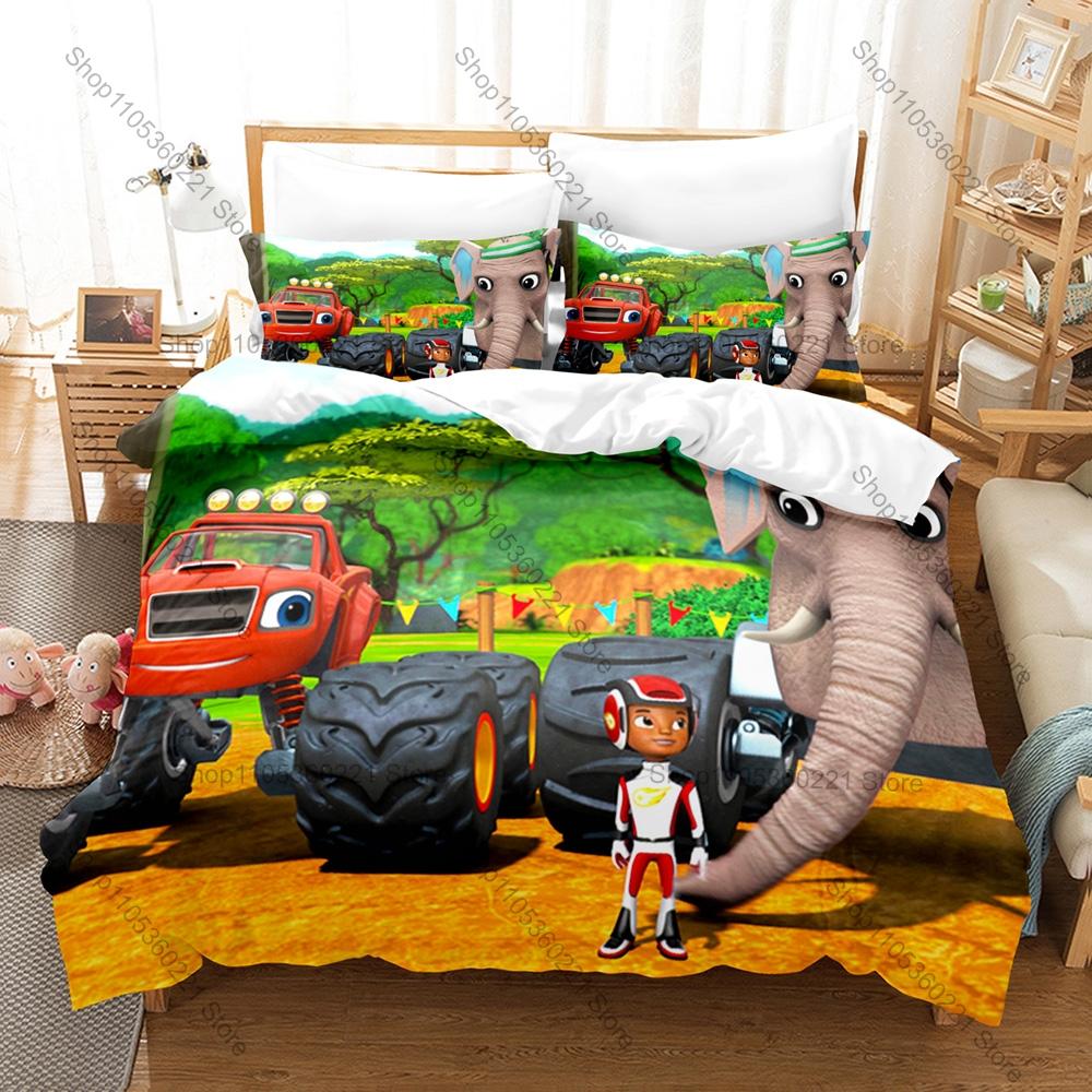 Blaze Monster Machines Theme Bedding Set 3 Pieces Kawaii Truck Print Quilt Cover Set Twin Full Queen King Size with Pillowcases