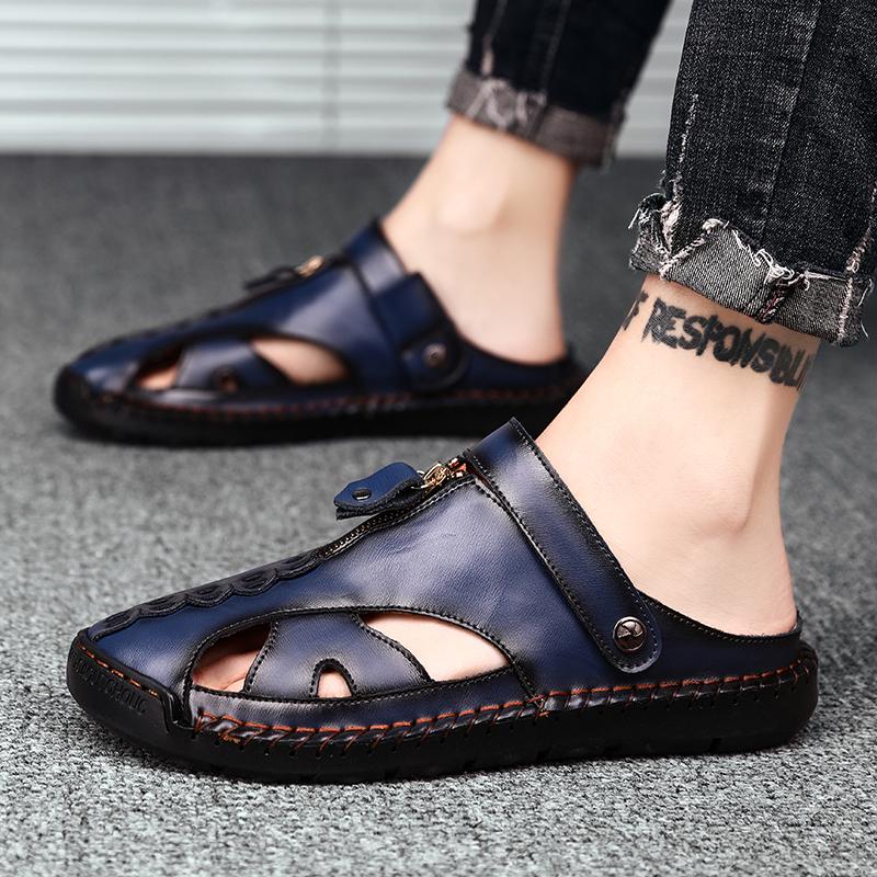 Men's Handmade Stitching Men's Black Sandals Two Wearing Slippers Summer Outdoor Male Footwear Firm Original Beach Men Slippers