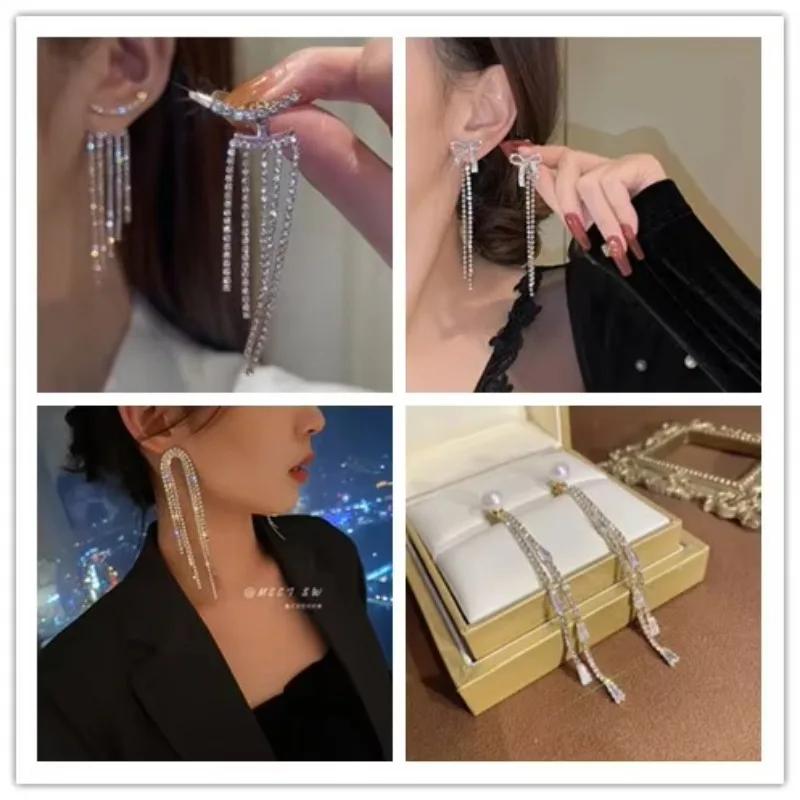 Luxury Women's Dangle Earrings Long Drop Design Silver Color Zircon Korea Earring Exquisite Trendy Wedding Bride Jewelry Gifts