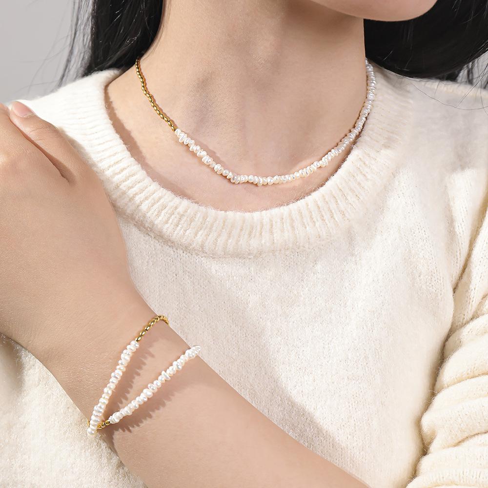 GEMCHIC Women's Freshwater Pearl Necklace and Bracelet Set Stainless Steel Layered Jewelry