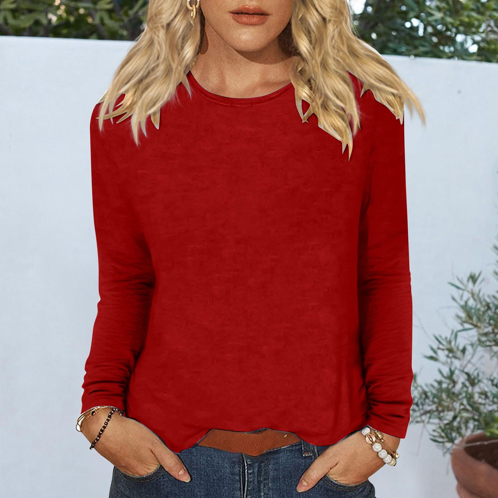 

Женский повседневный однотонный топ с круглым вырезом и длинными рукавами L красный