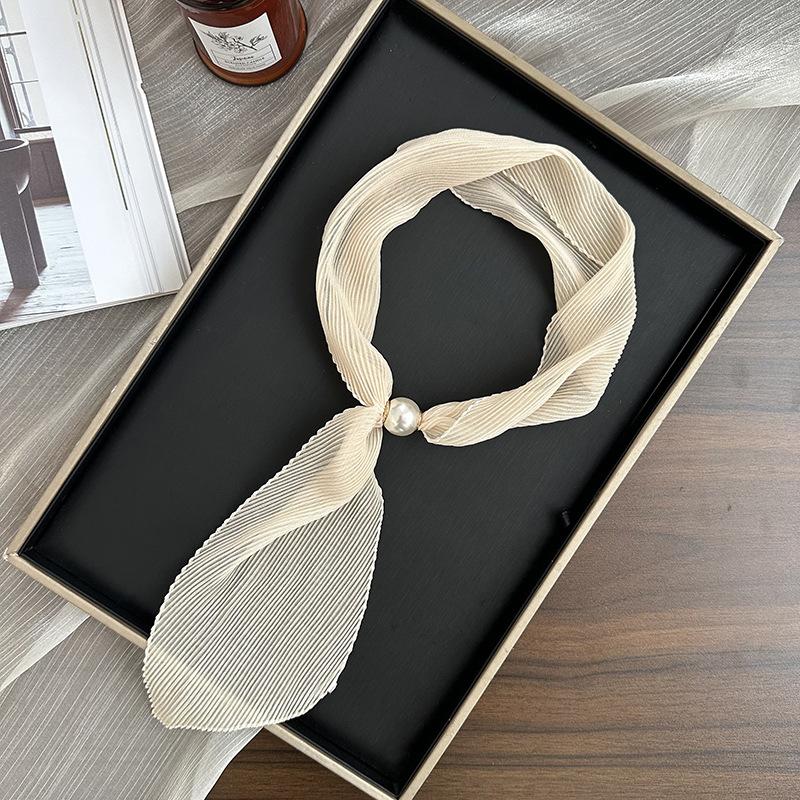 Pearl magnetic silk scarf high-end new versatile solid color pleated silk scarf with shirt neck protector scarf