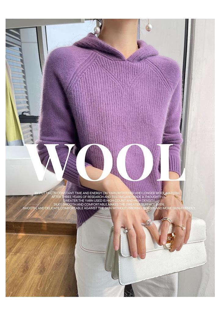 Women's Pure Wool Hooded Knit Sweater with Raglan Sleeves for Autumn and Winter