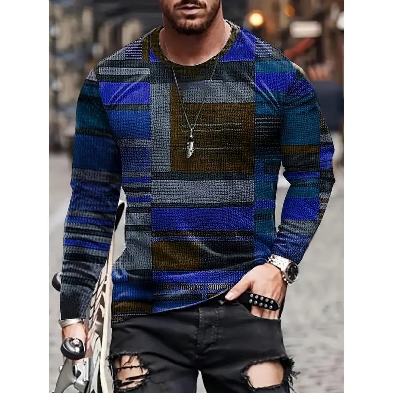 Vintage T-Shirt for Men Irregular Plaid Graphic T Shirts Round Neck Long Sleeve Tee Oversized Man Clothing Top Creative Clothing