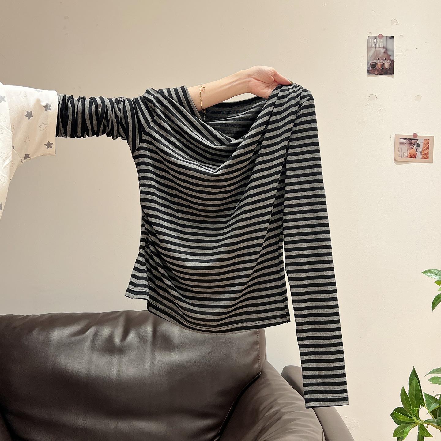 

Brown Korean slanted shoulder swing collar long-sleeved T-shirt women s autumn bottoming off-the-shoulder pleated thin inner top XL