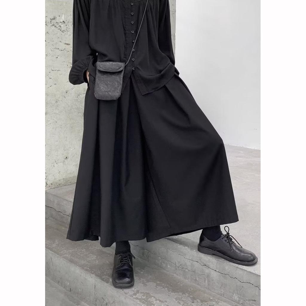 Herren Weitbein Hose Gothic Dunkler Stil Locker Cropped Hakama High Waist Neun Punkt Gerades Bein Hose Samurai