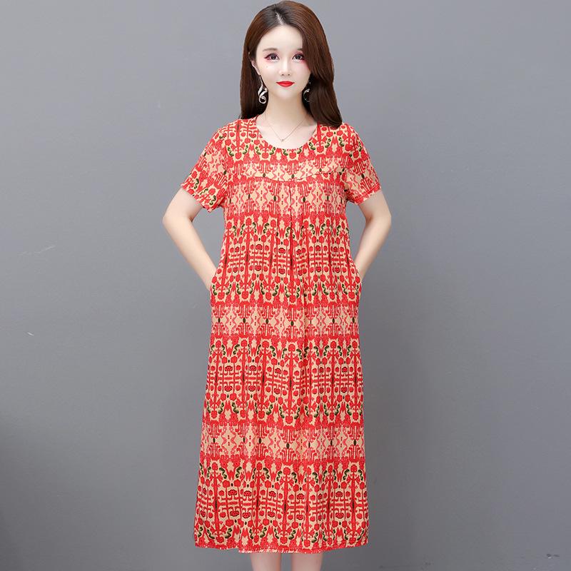 2023 Summer Floral Cotton & Rayon Dress - Stylish, Loose-Fitting, Short Sleeve for Middle-Aged & Elderly Women
