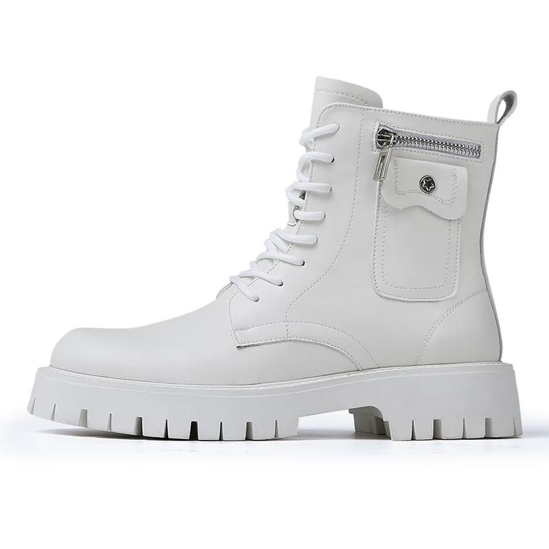 High Quality Men Autumn Winter Short Boots 2025 New Fashion Zip Side Pocket Design Leather Anti-slip Lace-up Man Platform Shoes