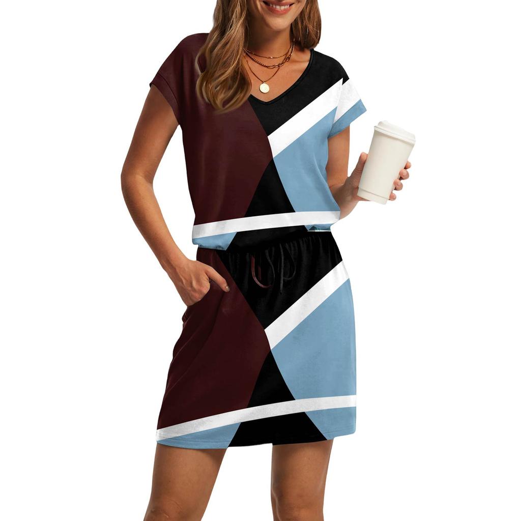 Rochii Casual de Damă la Modă cu Gât în V, Mânecă Scurtă, Șnur cu Buzunar, Imprimate