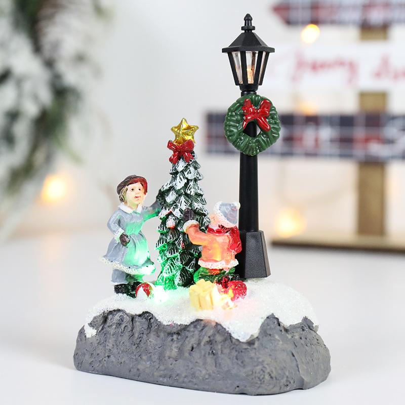 LED Christmas Village Ornaments Microlandscape Resin Figurines Decoration Santa Claus Pine Needles Snow View Holiday Gift