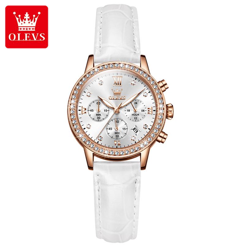 OLEVS Modische Diamantuhren Für Damen Luxusmarke Roségold Gehäuse Damenuhr Quarz Weißes Lederarmband reloj para mujer
