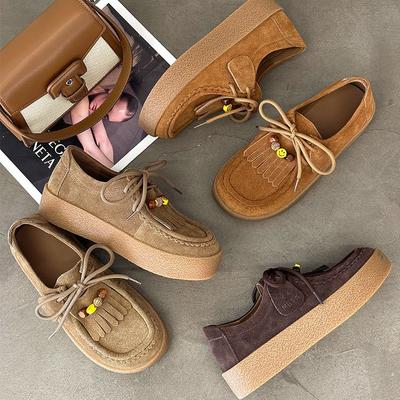 Damen Herbst neue Single-Schuhe aus erster Schicht Kuh Anti-Veloursleder mit dicker Sohle, flacher Mund Schnürschuhe klassische Freizeitschuhe mit dicker Sohle
