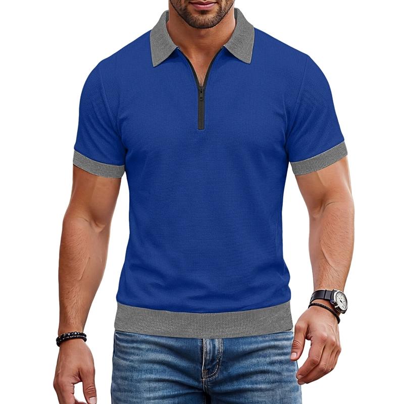 Summer Men's Short Sleeve Zipper Polo Shirts Color Block Casual T-Shirt for Men Lightweight Shirts Laple Wicking Streetwear Tee