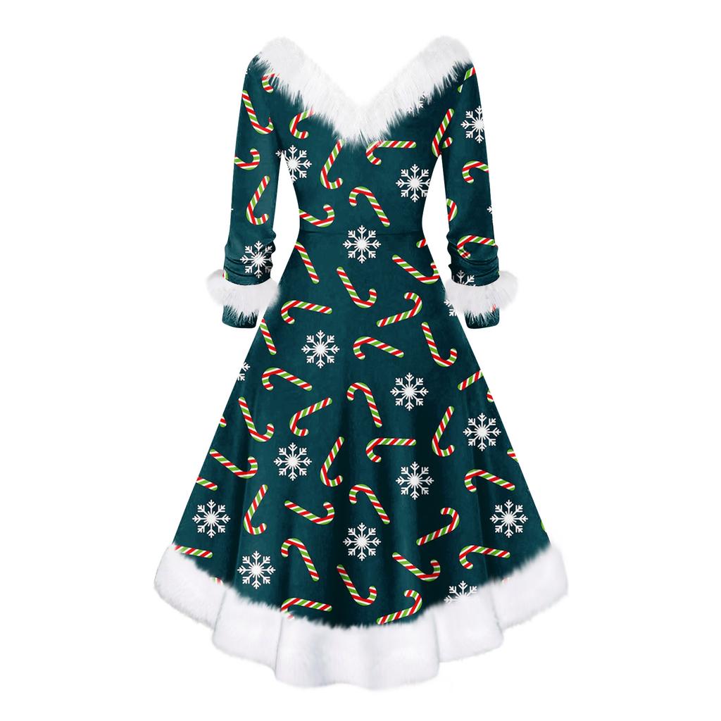 Women's Fashion V-neck Casual Fit Christmas Print Party Long Sleeve Dress