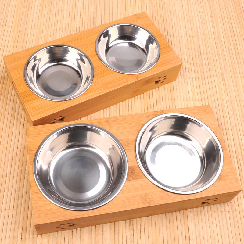 

Bamboo Stand Double Pet Bowl Set: Stainless Steel & Ceramic Anti-Tip Bowls with Water Dispenser for Cats and Dogs. Stainless Steel