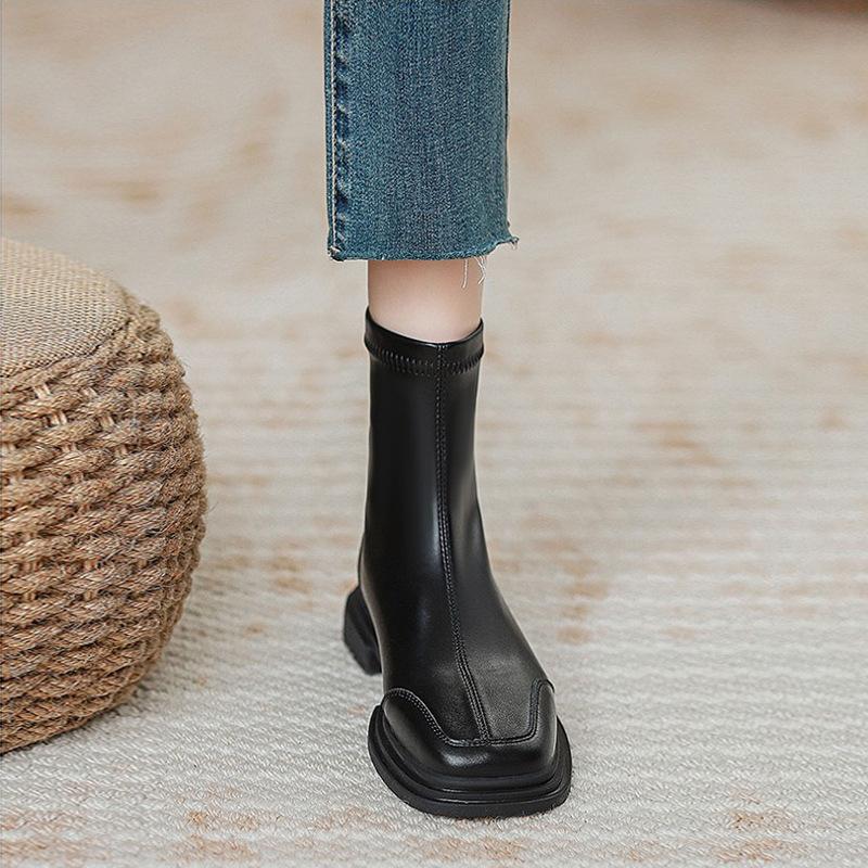 Brown Leather Martin Boots Women's New Autumn Elastic Thin Boots Square Head Short Boots