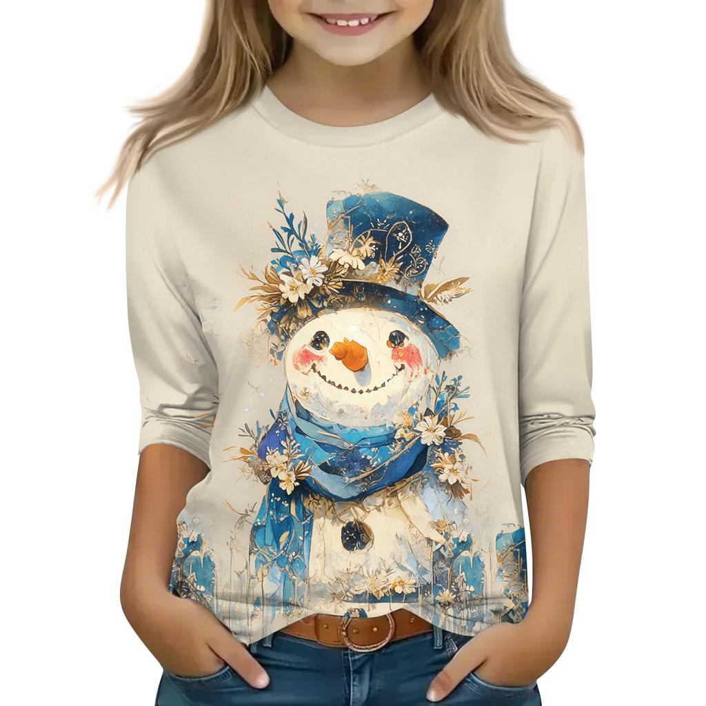 Christmas Day Print Tops For Youth Girls 4-11 Years Round Neck 3/4 Sleeves T-Shirts Trendy Tops Outfit Tees