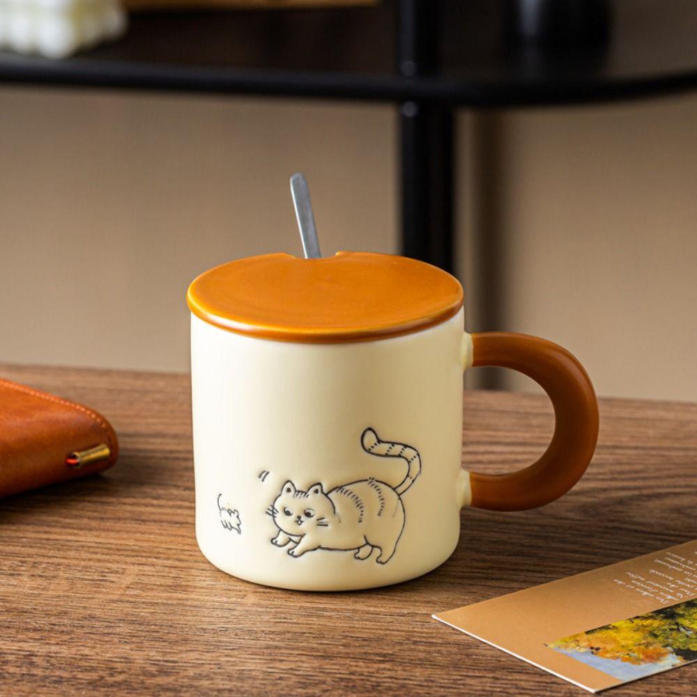 Hand Drawn Ceramic Coffee Cup with Spoon Water Cup with Lid Cartoon Cat Drinkware  Milk