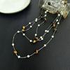Fashion Retro Maillard Tiger's Eye Stone Pearl Multi-layer Fold Wear Necklace for Women Long Sweater Chain Jewelry Accessories
