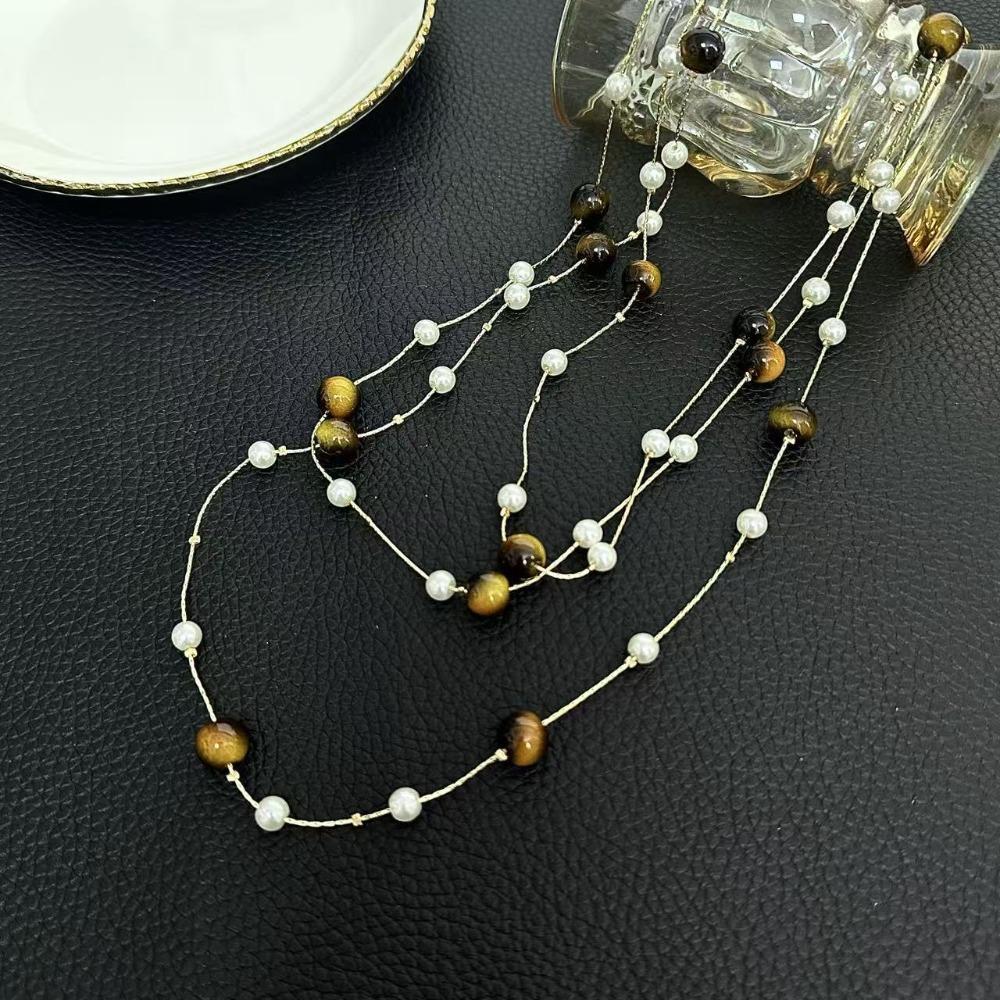 Fashion Retro Maillard Tiger's Eye Stone Pearl Multi-layer Fold Wear Necklace for Women Long Sweater Chain Jewelry Accessories