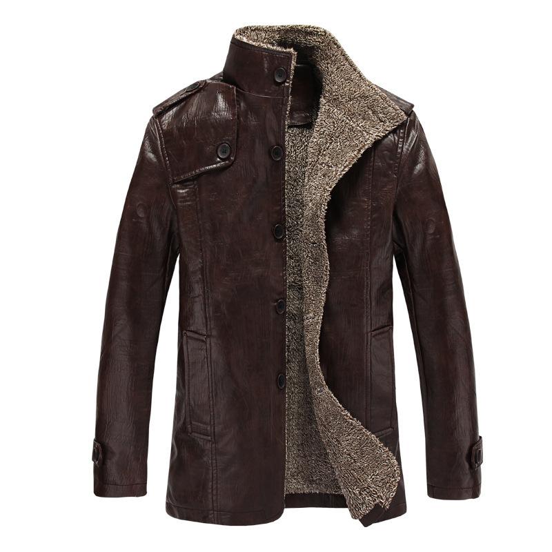 Autumn and winter men's stand-up collar fleece thickened pu leather jacket large size casual medium and long leather jacket